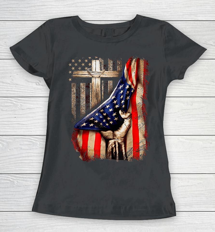 Vintage Faith Over Fear Christian Cross American Flag Women T-Shirt