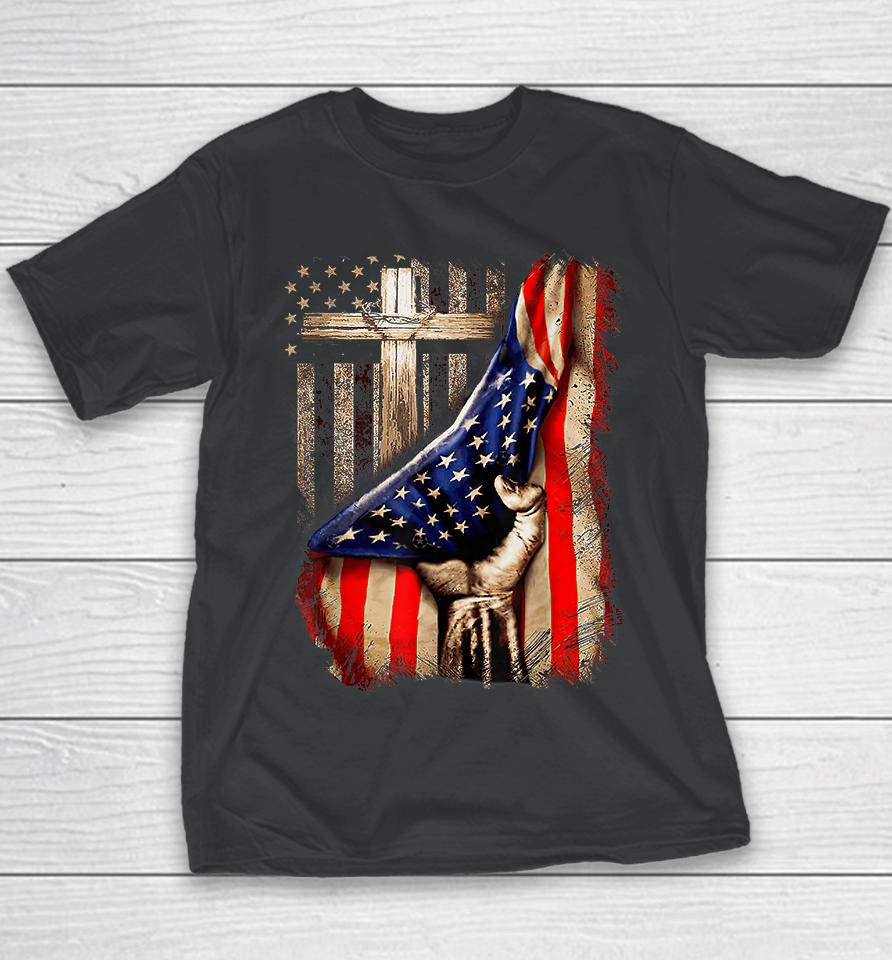 Vintage Faith Over Fear Christian Cross American Flag Youth T-Shirt