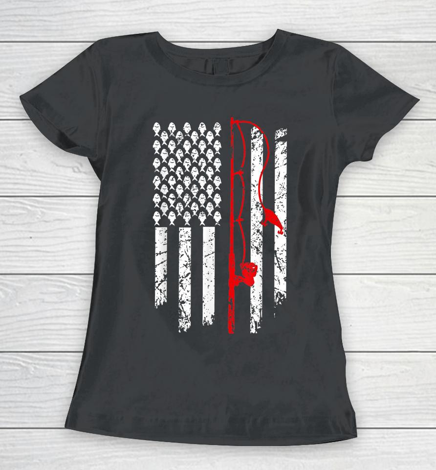 Vintage Fishing Clothes American Flag Bass Fishing Women T-Shirt