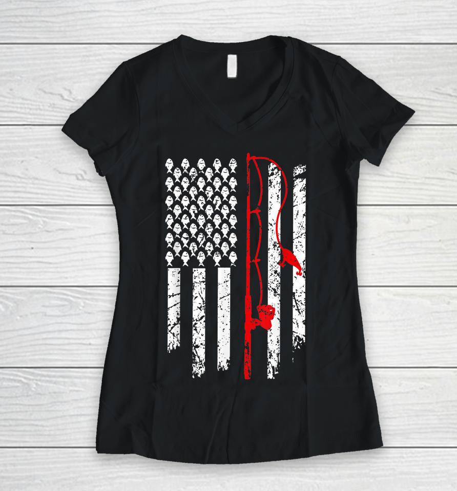 Vintage Fishing Clothes American Flag Bass Fishing Women V-Neck T-Shirt