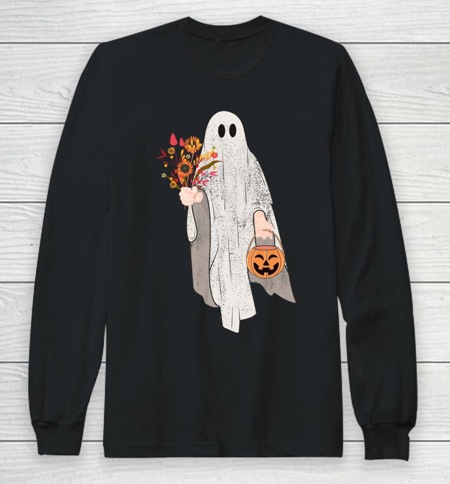 Vintage Floral Ghost Pumpkin Halloween Long Sleeve T-Shirt