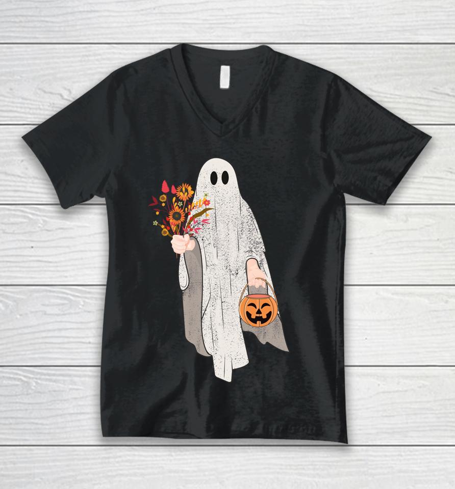 Vintage Floral Ghost Pumpkin Halloween Unisex V-Neck T-Shirt