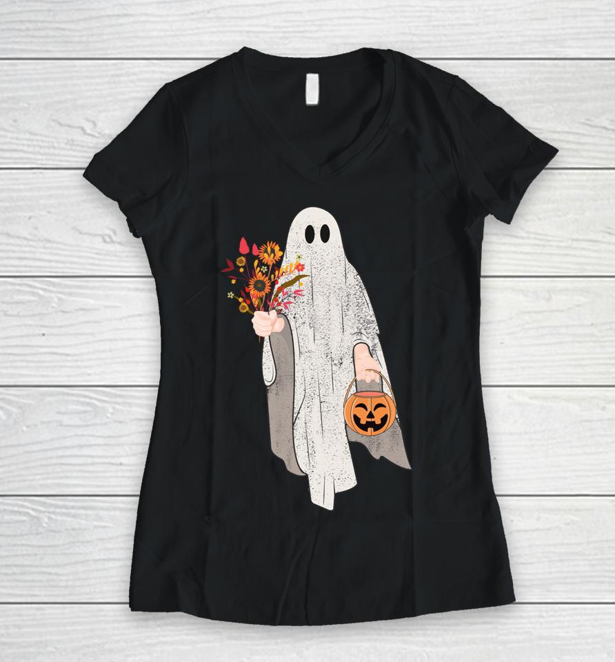Vintage Floral Ghost Pumpkin Halloween Women V-Neck T-Shirt