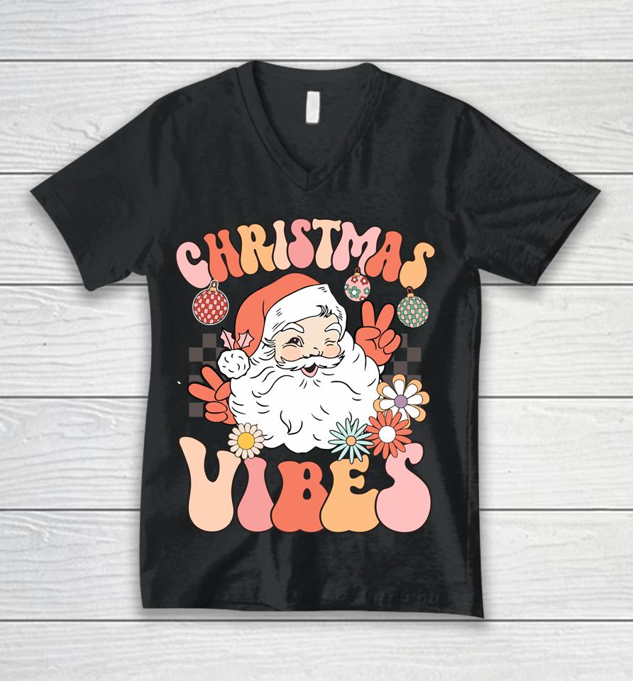 Vintage Groovy Santa Claus Christmas Vibes Unisex V-Neck T-Shirt