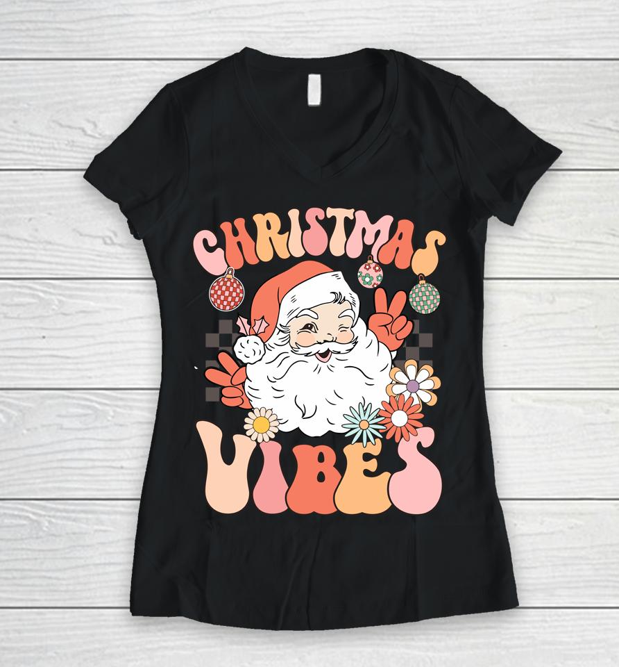 Vintage Groovy Santa Claus Christmas Vibes Women V-Neck T-Shirt