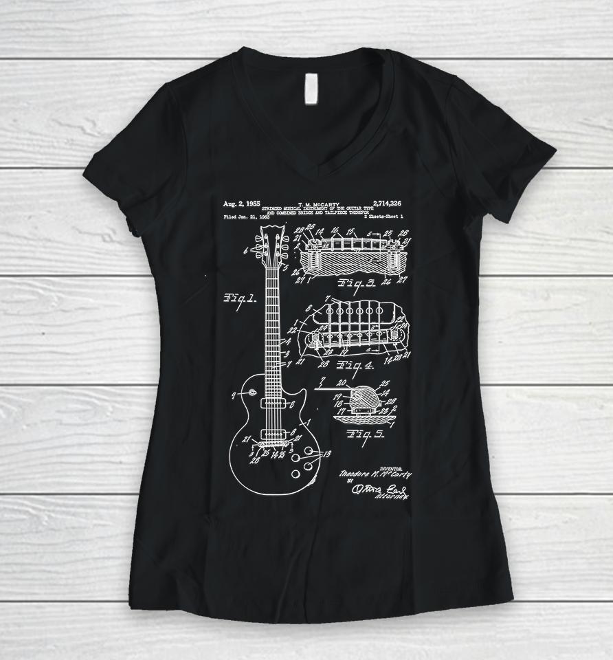 Vintage Guitar Patent Print Art Women V-Neck T-Shirt