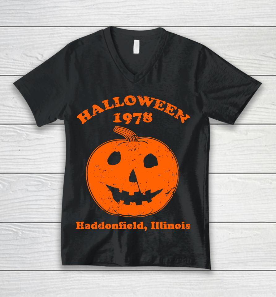 Vintage Halloween 1978 Pumpkin Haddonfield Illinois Unisex V-Neck T-Shirt