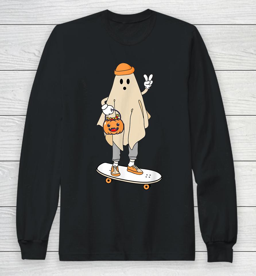 Vintage Halloween Ghost Skateboard Pumpkin Candy Bucket Cute Long Sleeve T-Shirt