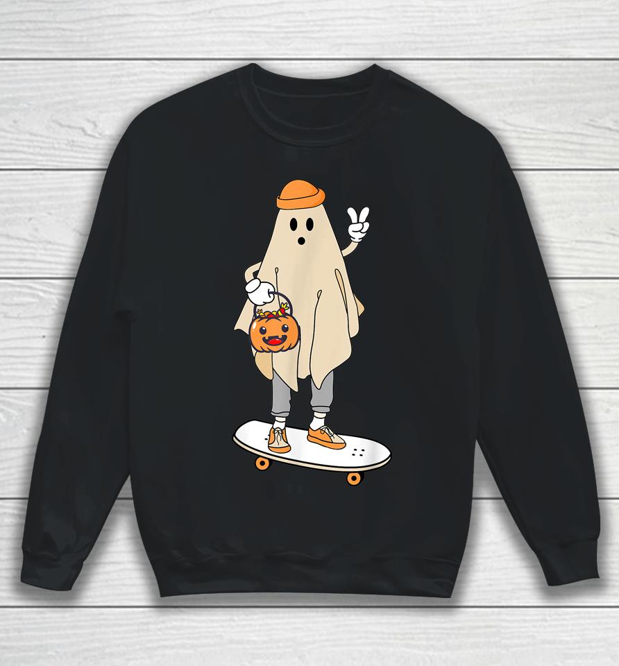Vintage Halloween Ghost Skateboard Pumpkin Candy Bucket Cute Sweatshirt