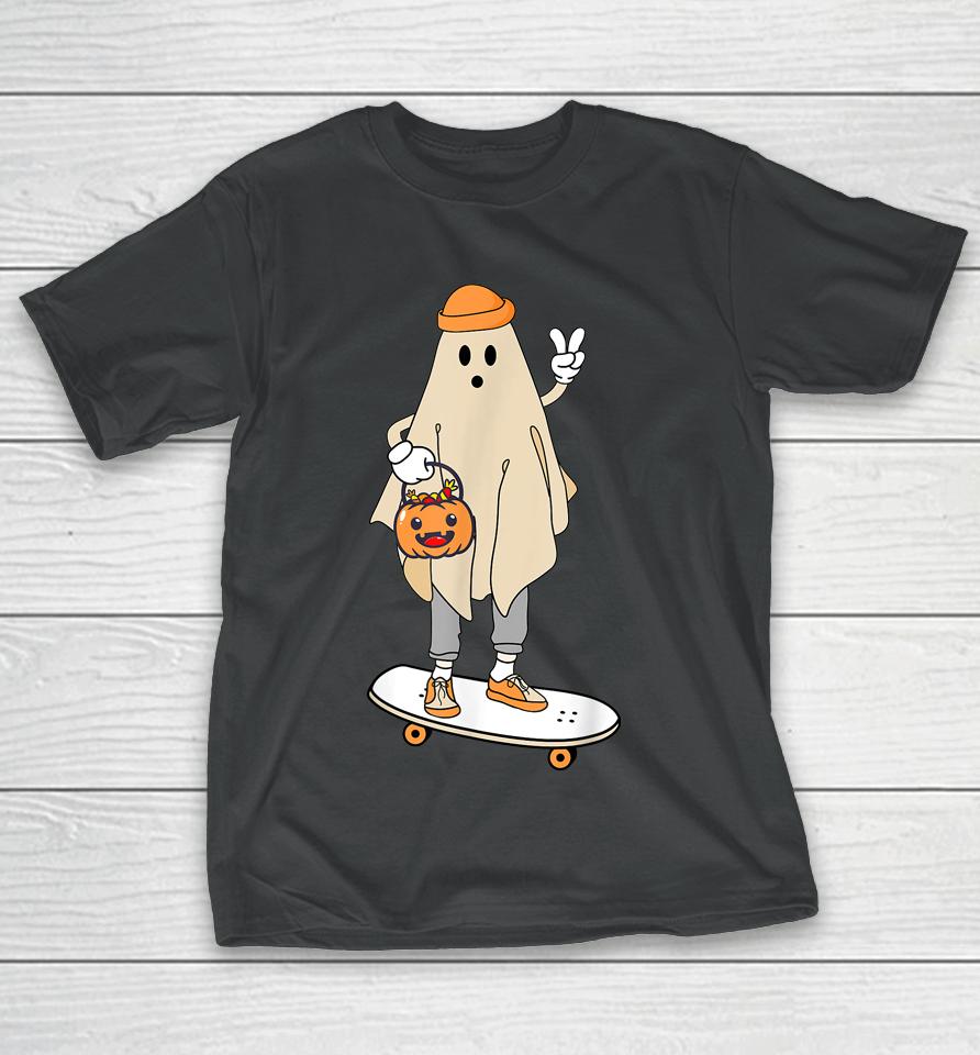 Vintage Halloween Ghost Skateboard Pumpkin Candy Bucket Cute T-Shirt