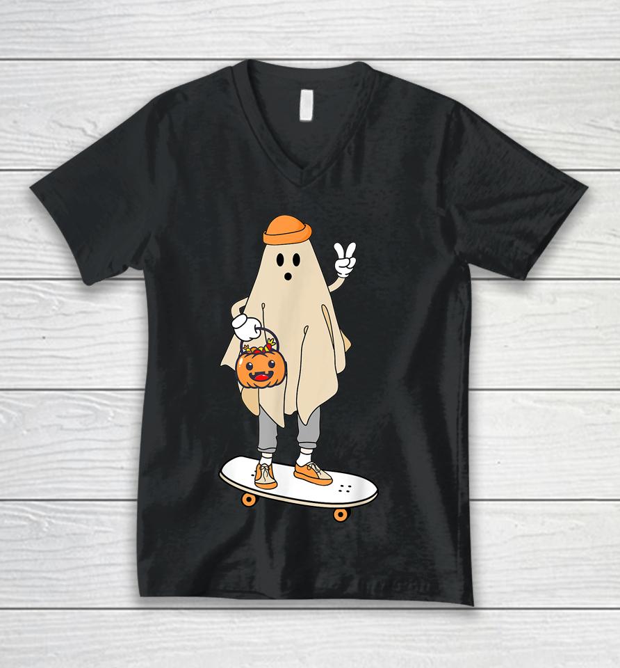 Vintage Halloween Ghost Skateboard Pumpkin Candy Bucket Cute Unisex V-Neck T-Shirt