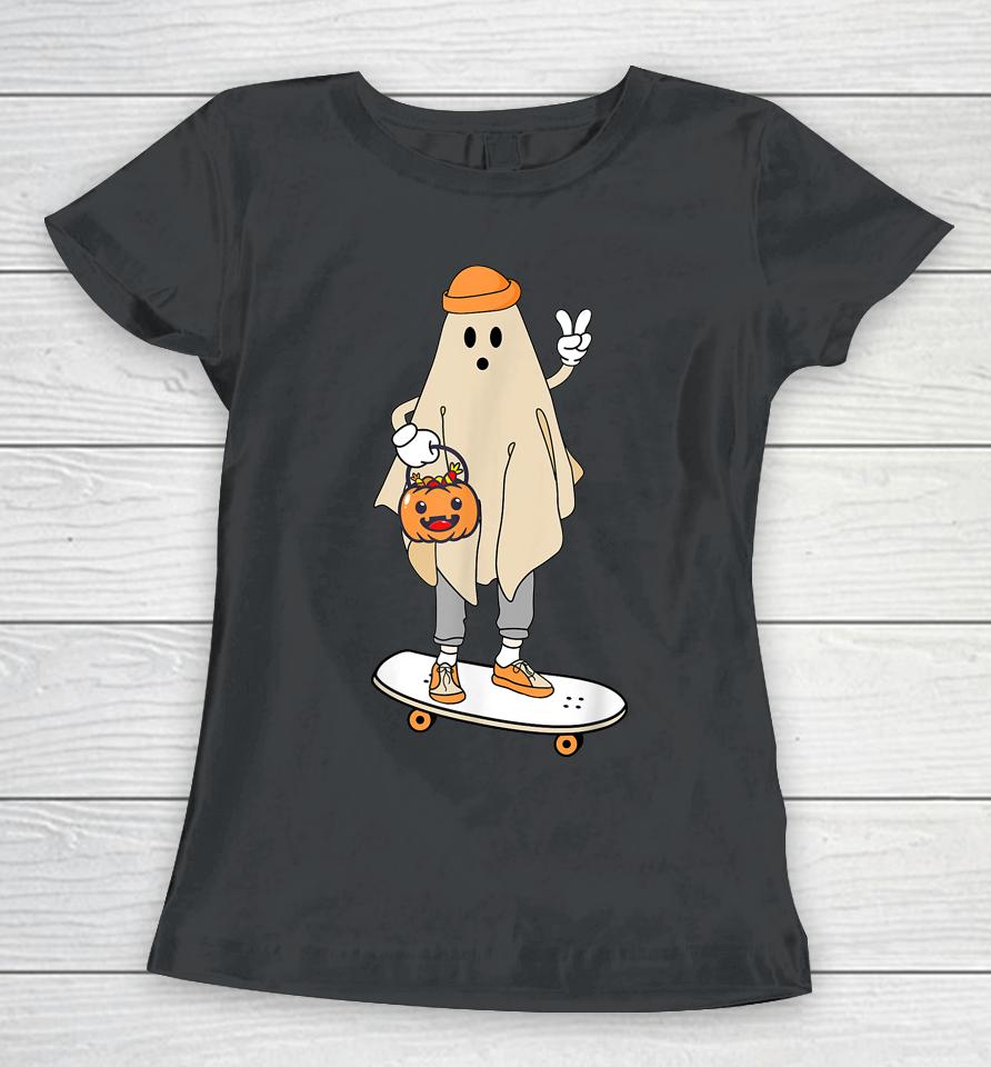 Vintage Halloween Ghost Skateboard Pumpkin Candy Bucket Cute Women T-Shirt