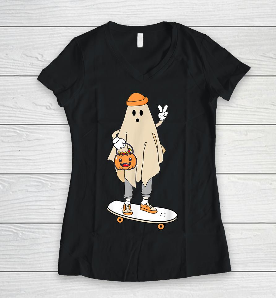 Vintage Halloween Ghost Skateboard Pumpkin Candy Bucket Cute Women V-Neck T-Shirt