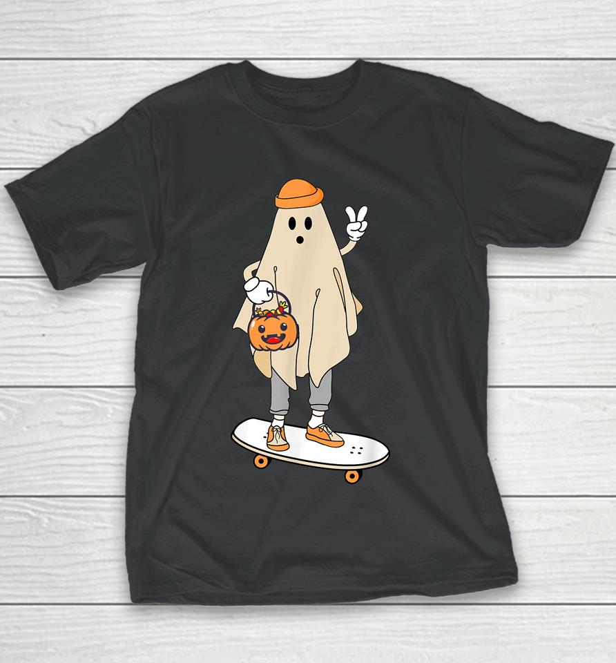 Vintage Halloween Ghost Skateboard Pumpkin Candy Bucket Cute Youth T-Shirt