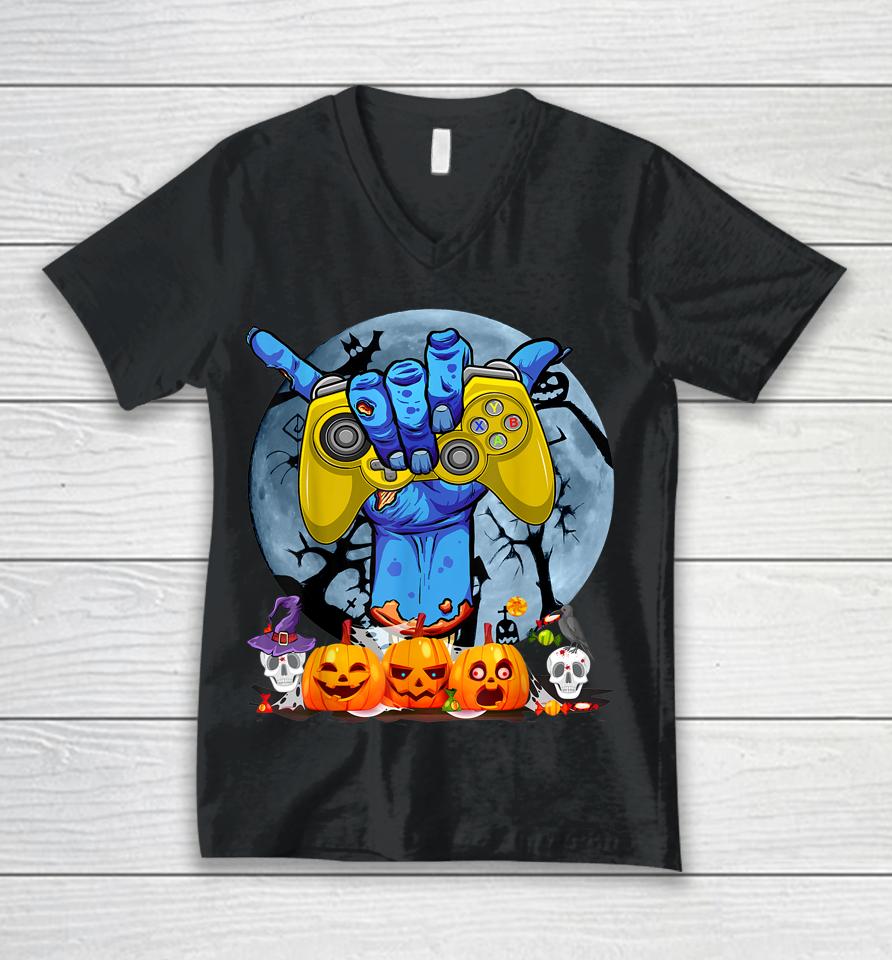 Vintage Halloween Skeleton Gamer Video Game Unisex V-Neck T-Shirt
