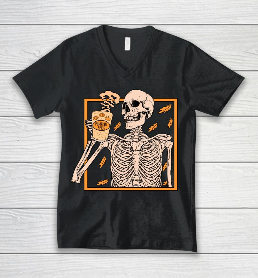 Vintage Halloween Skeleton Pumpkin Spice Latte Syrup Creamer Unisex V-Neck T-Shirt