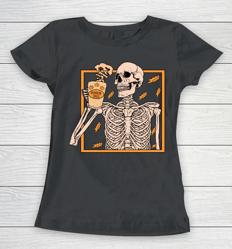 Vintage Halloween Skeleton Pumpkin Spice Latte Syrup Creamer Women T-Shirt