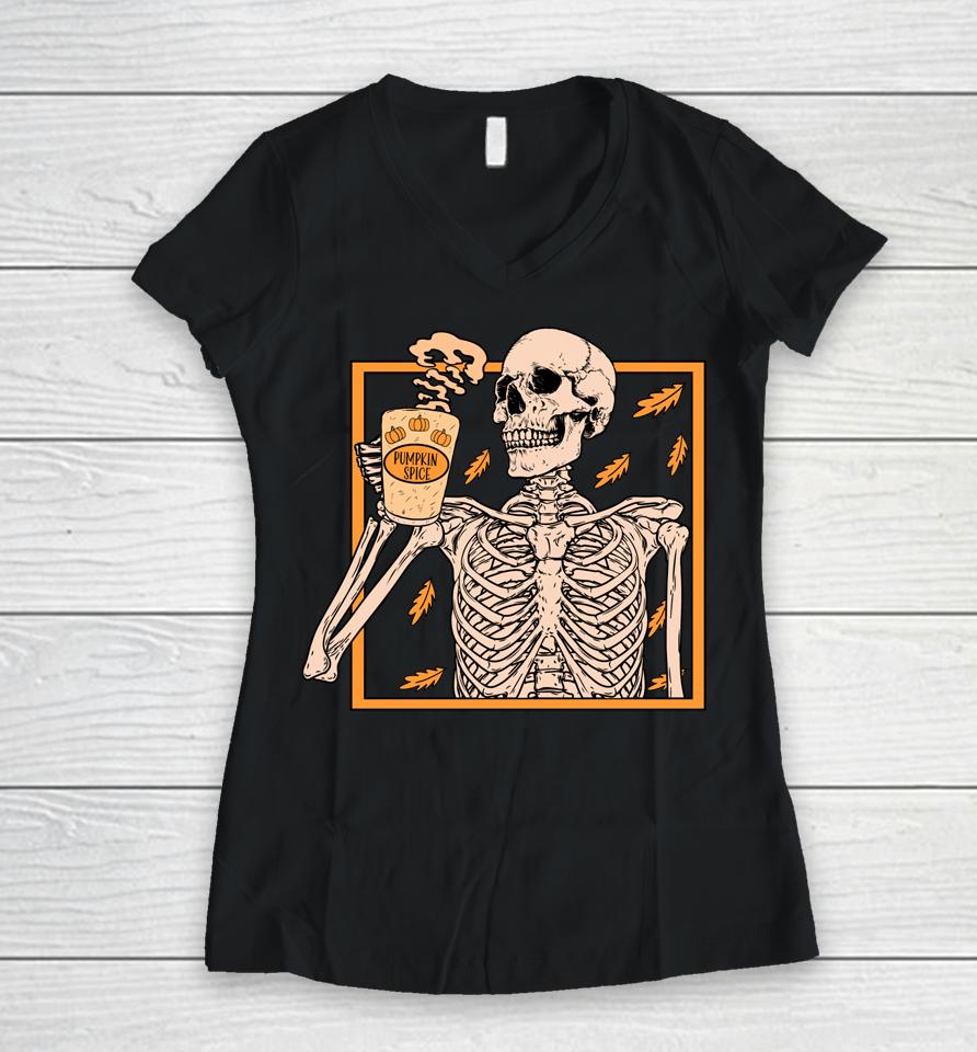 Vintage Halloween Skeleton Pumpkin Spice Latte Syrup Creamer Women V-Neck T-Shirt