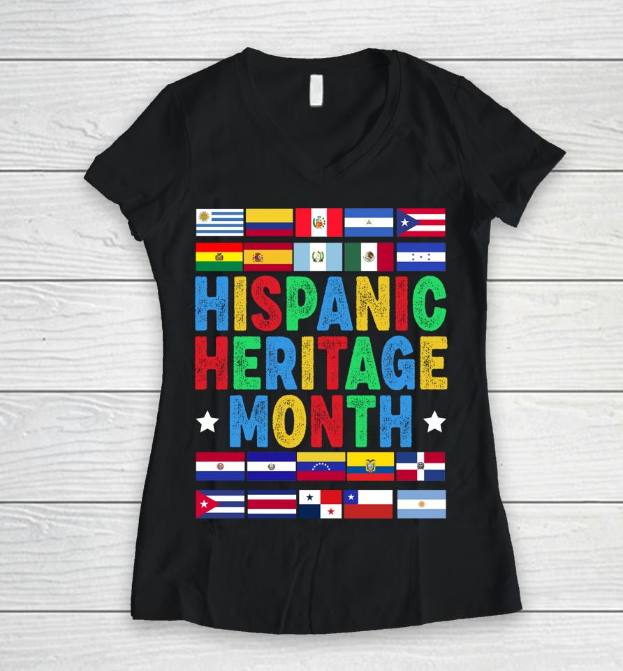 Vintage Hispanic Heritage Month Flags Gift Women V-Neck T-Shirt