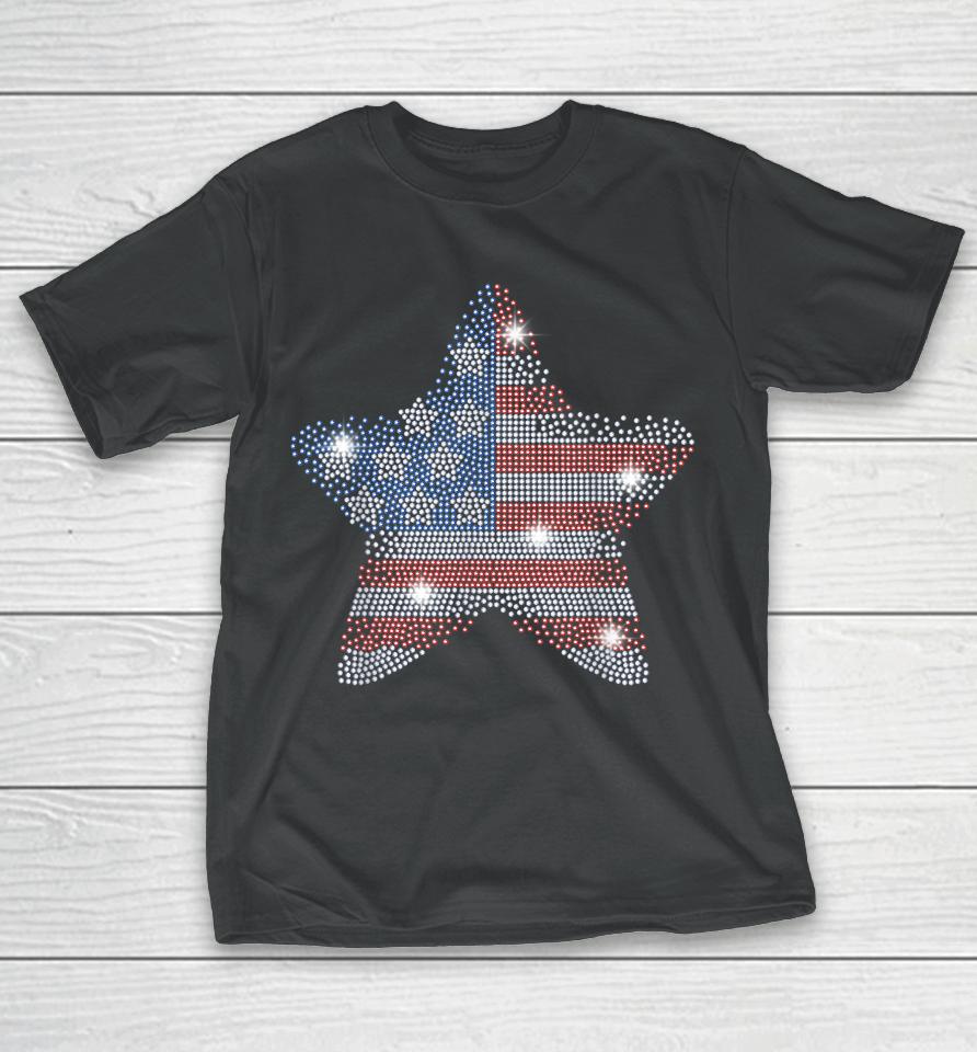 Vintage July 4Th Star Flag American Rhinestone Bling Tee T-Shirt
