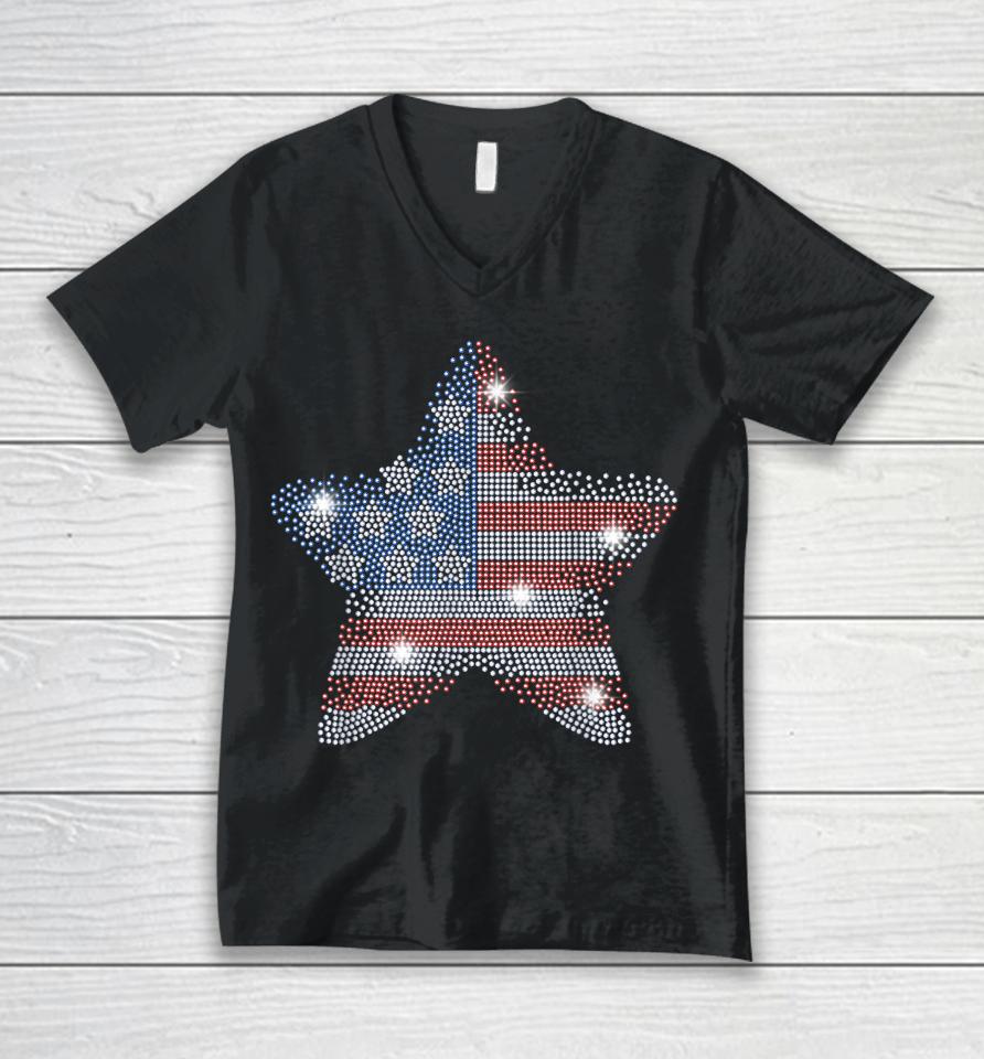 Vintage July 4Th Star Flag American Rhinestone Bling Tee Unisex V-Neck T-Shirt