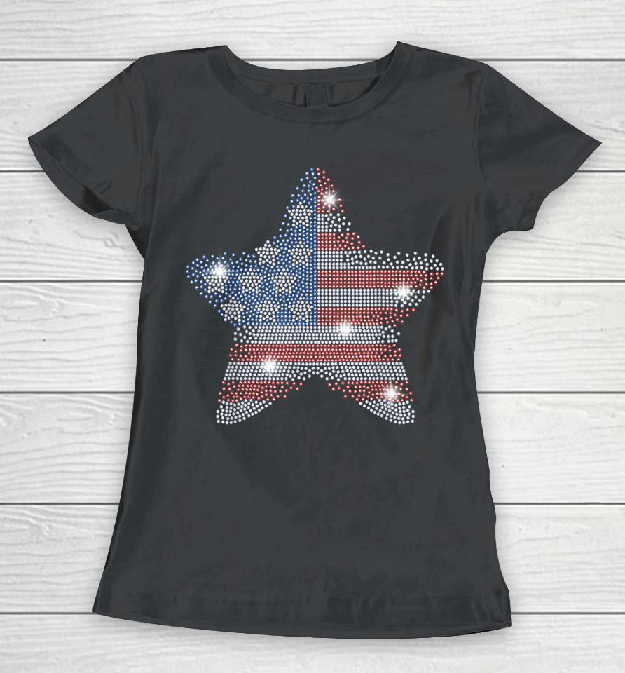 Vintage July 4Th Star Flag American Rhinestone Bling Tee Women T-Shirt