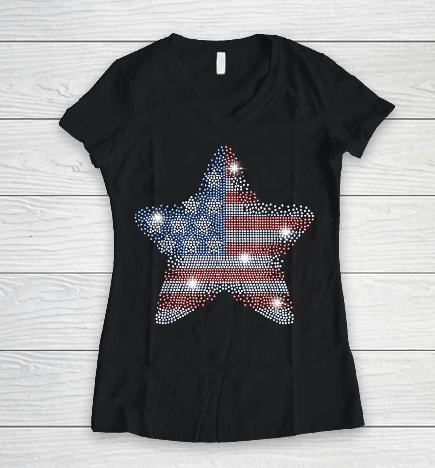 Vintage July 4Th Star Flag American Rhinestone Bling Tee Women V-Neck T-Shirt