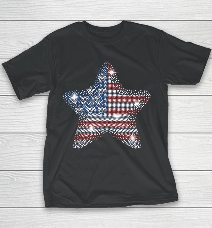 Vintage July 4Th Star Flag American Rhinestone Bling Tee Youth T-Shirt