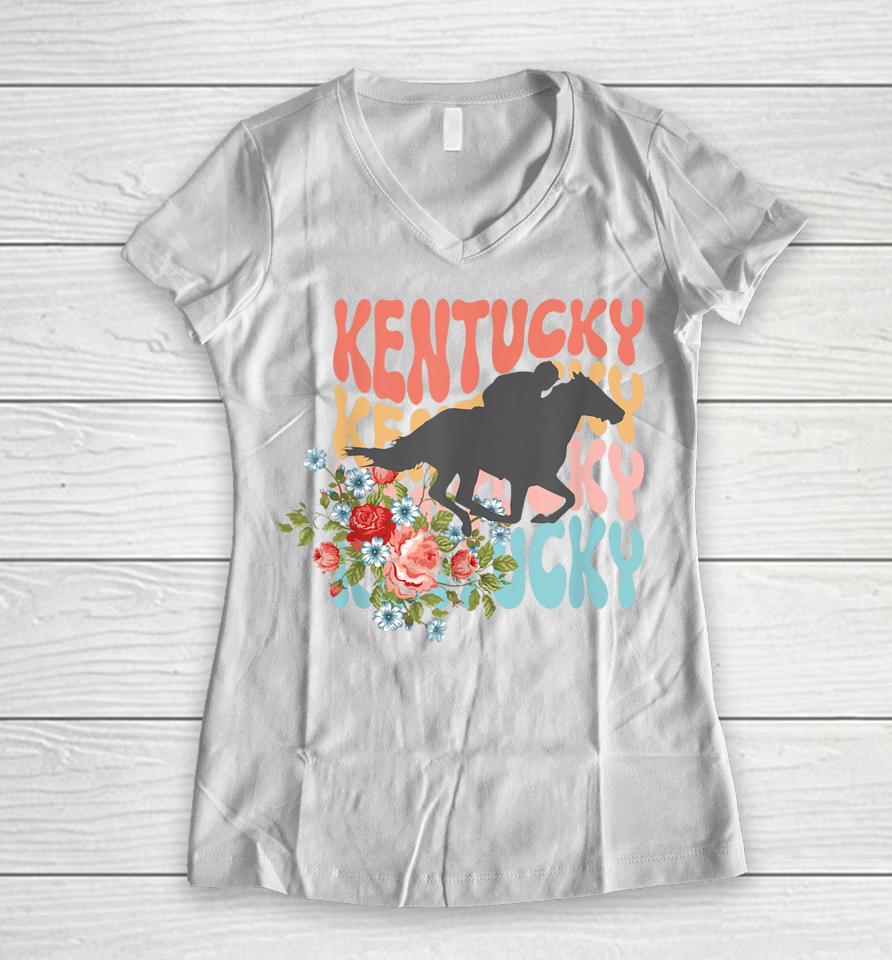 Vintage Kentucky Retro Horse Racing Derby Women V-Neck T-Shirt