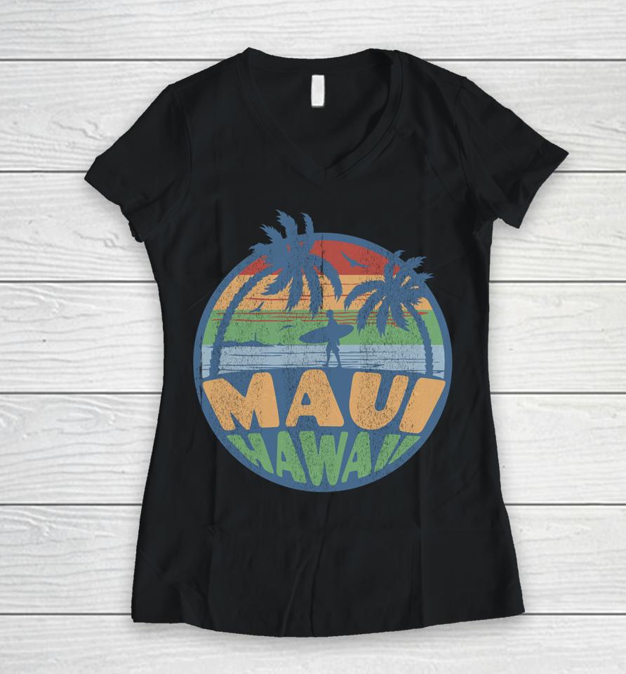 Vintage Maui Hawaii Beach Surfing 70S Surf Retro Distressed Women V-Neck T-Shirt
