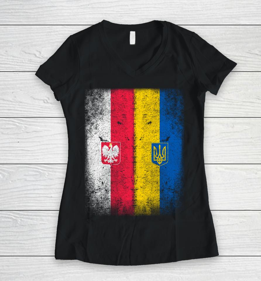 Vintage Poland Ukraine Polish Ukrainian Flag Women V-Neck T-Shirt