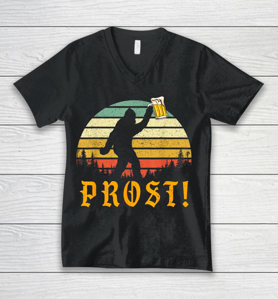 Vintage Prost Bigfoot Drinking Beer German Oktoberfest Unisex V-Neck T-Shirt