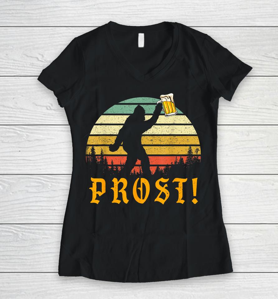 Vintage Prost Bigfoot Drinking Beer German Oktoberfest Women V-Neck T-Shirt