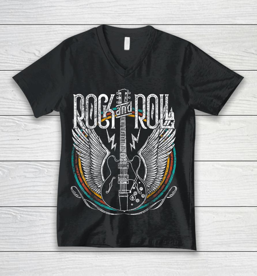 Vintage Retro 80S Rock &Amp; Roll Music Guitar Wings Unisex V-Neck T-Shirt