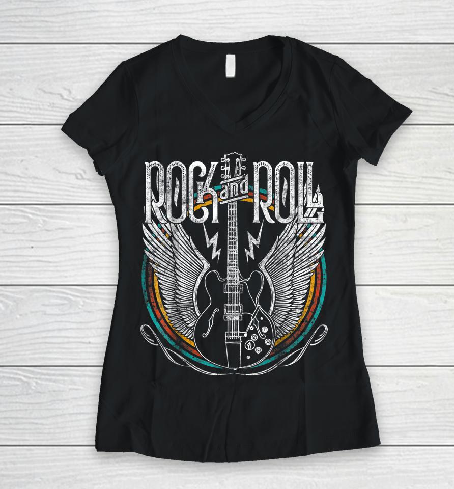 Vintage Retro 80S Rock &Amp; Roll Music Guitar Wings Women V-Neck T-Shirt
