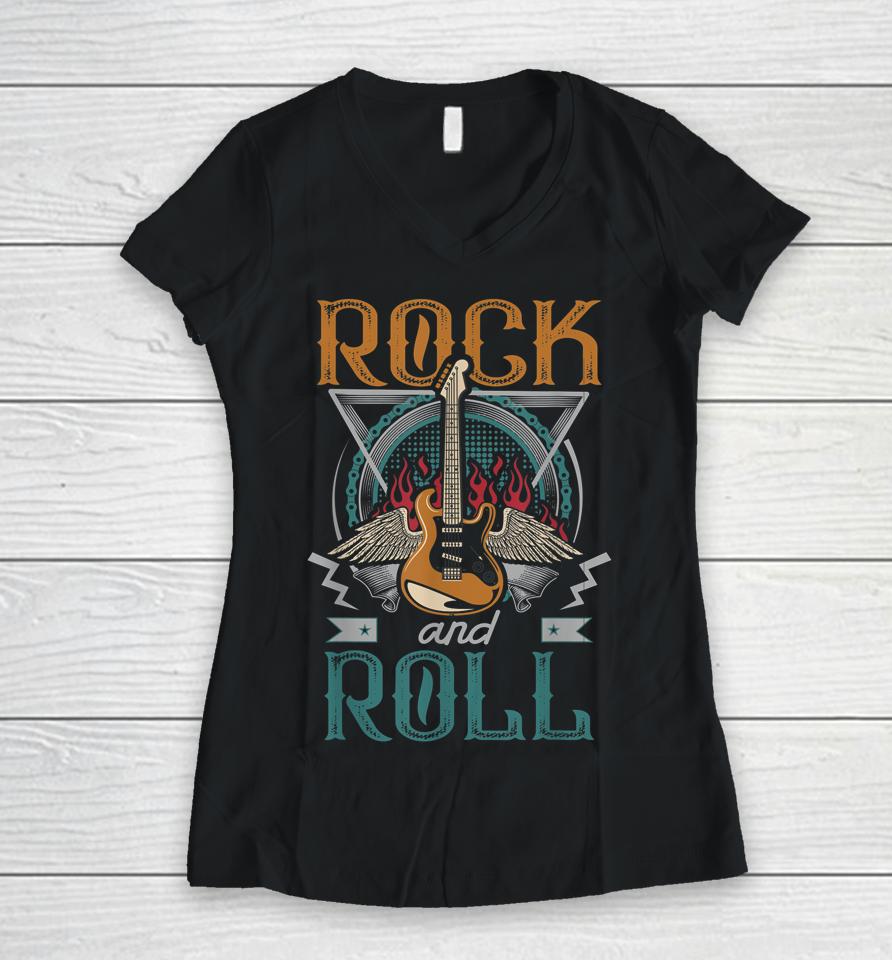 Vintage Retro 80S Rock &Amp; Roll Music Guitar Wings Women V-Neck T-Shirt