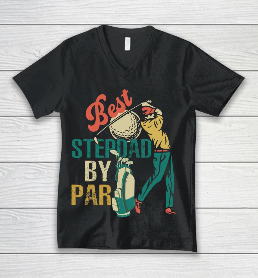 Vintage Retro Best Stepdad By Par Funny Golf Player Lover Unisex V-Neck T-Shirt