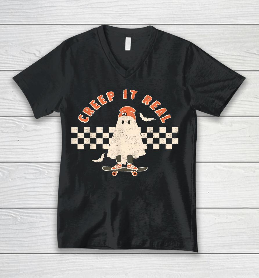 Vintage Retro Halloween Creep It Real Ghost Boy Fall Season Unisex V-Neck T-Shirt