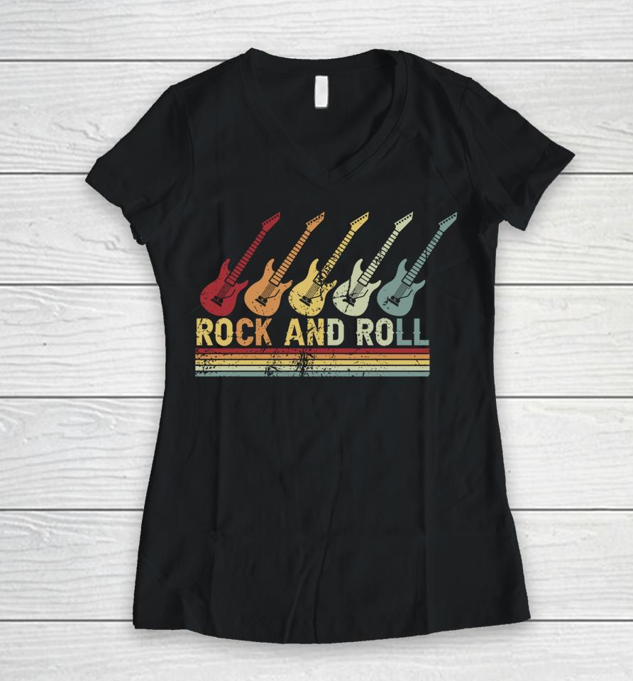 Vintage Retro Rock And Roll Guitar Music Women V-Neck T-Shirt