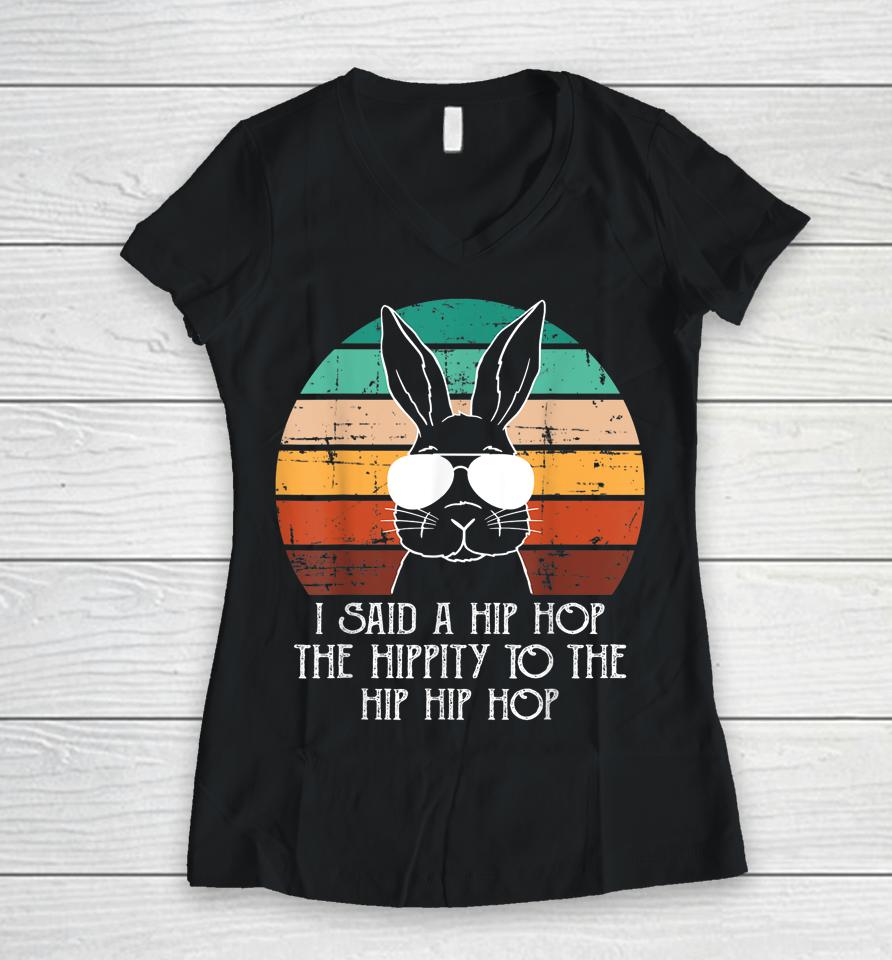 Vintage Retro Sunset Sunglasses Bunny Hip Hop Hippity Easter Women V-Neck T-Shirt