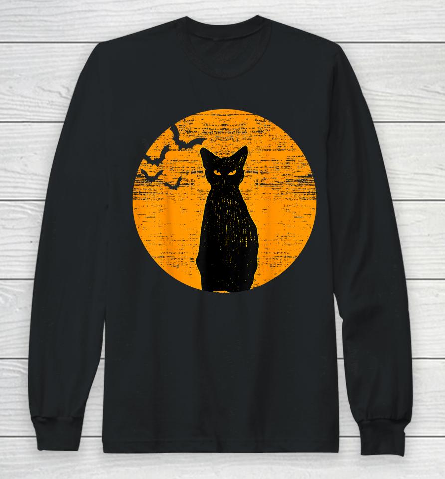 Vintage Scary Halloween Black Cat Costume Retro Moon Cat Mom Long Sleeve T-Shirt