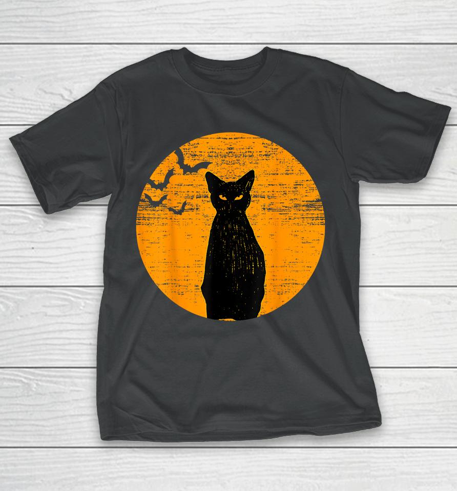 Vintage Scary Halloween Black Cat Costume Retro Moon Cat Mom T-Shirt