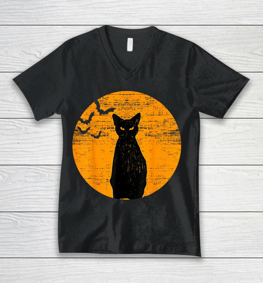 Vintage Scary Halloween Black Cat Costume Retro Moon Cat Mom Unisex V-Neck T-Shirt