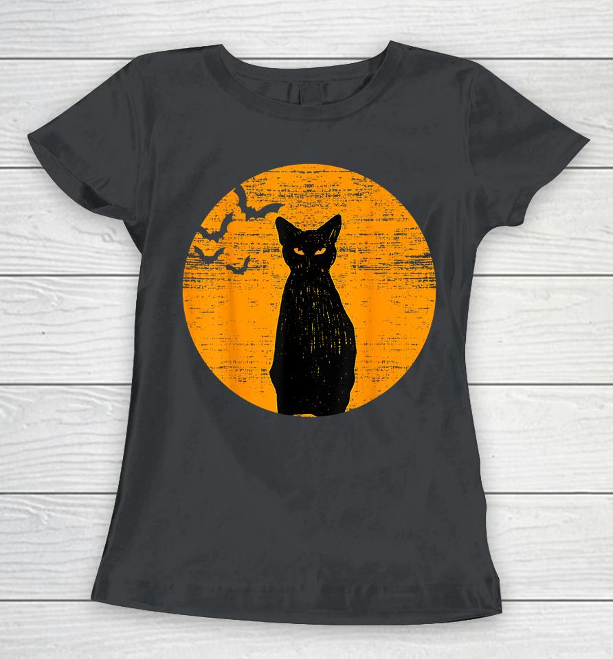 Vintage Scary Halloween Black Cat Costume Retro Moon Cat Mom Women T-Shirt
