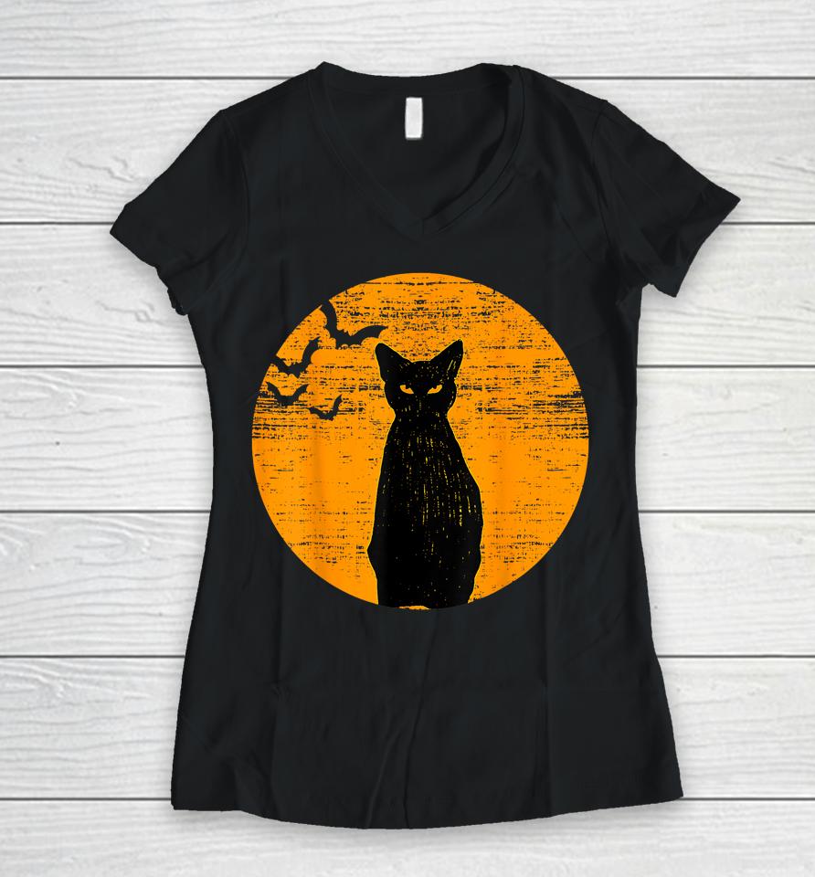 Vintage Scary Halloween Black Cat Costume Retro Moon Cat Mom Women V-Neck T-Shirt