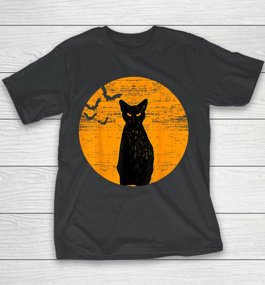 Vintage Scary Halloween Black Cat Costume Retro Moon Cat Mom Youth T-Shirt