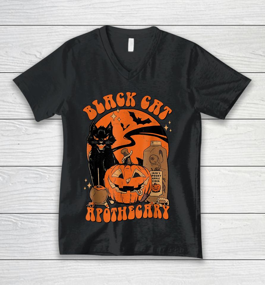 Vintage Scary Halloween Black Cat Costume Witch Hat &Amp; Moon Unisex V-Neck T-Shirt