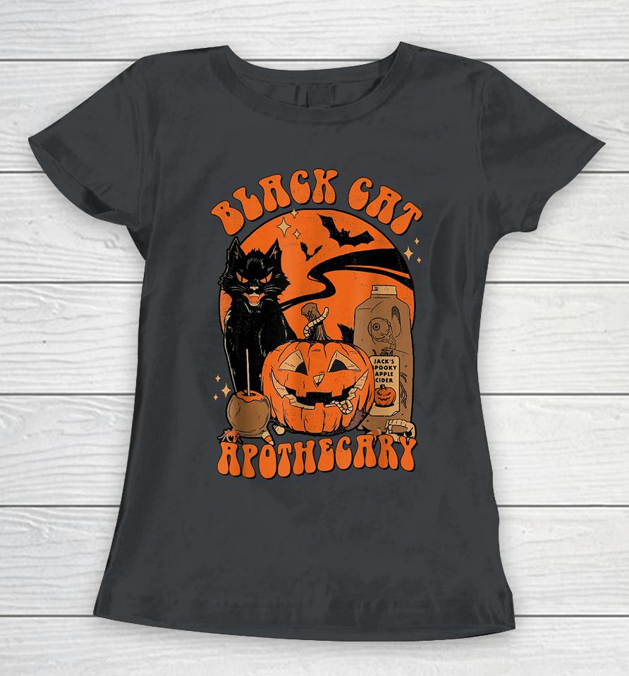 Vintage Scary Halloween Black Cat Costume Witch Hat &Amp; Moon Women T-Shirt