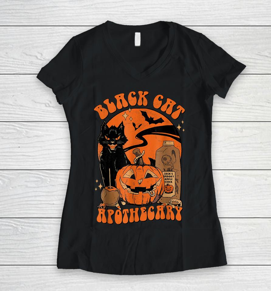 Vintage Scary Halloween Black Cat Costume Witch Hat &Amp; Moon Women V-Neck T-Shirt