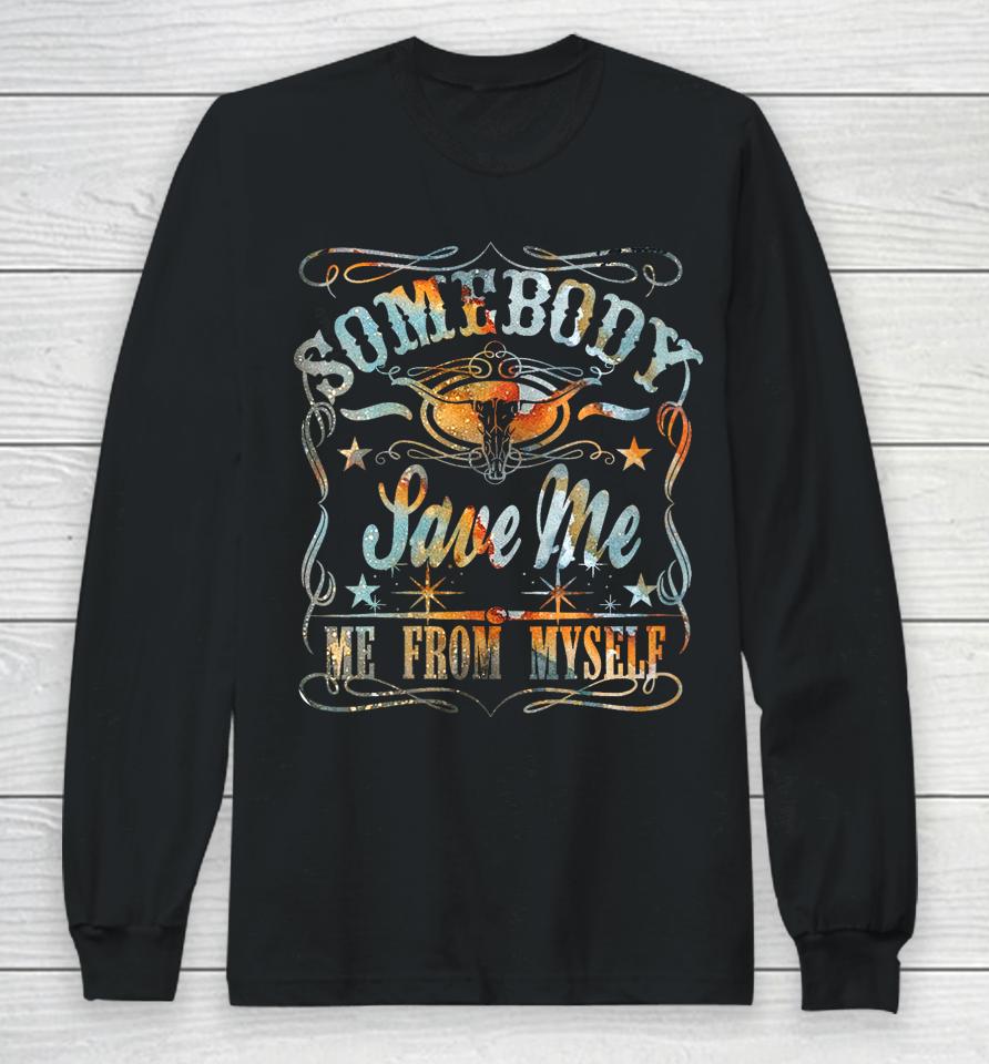 Vintage Somebody Save Me From Myself Floral Skull Retro Long Sleeve T-Shirt